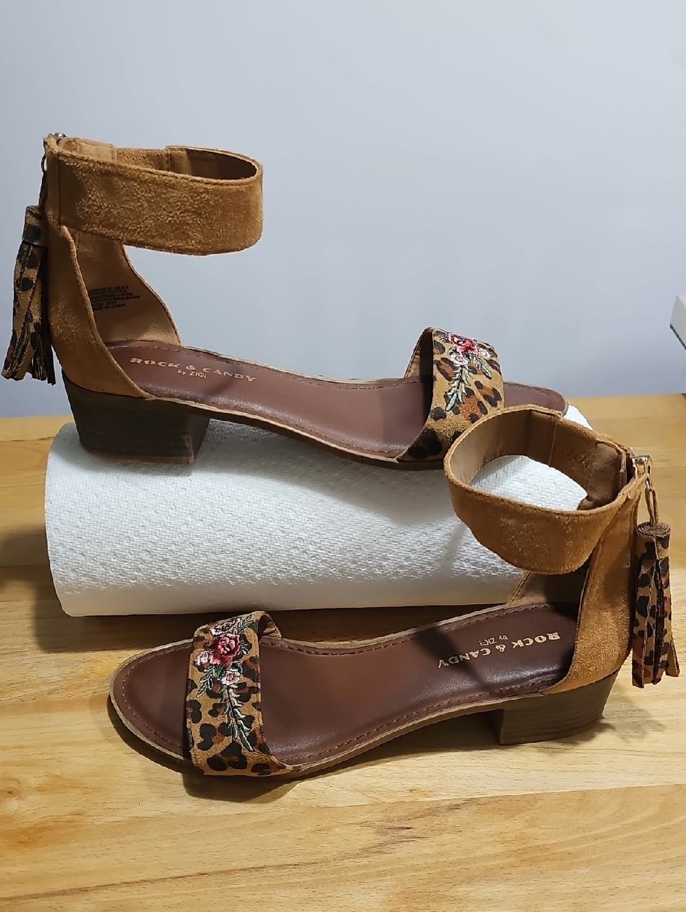 Rock & Candy Tan Suede Ankle-Strap Block Heel Sandals - Leopard Floral Accent